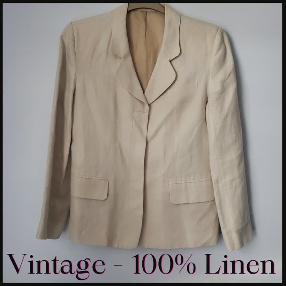 Vintage Linen Blazer Placket By English Designer Collared Neutral Pockets Preppy - Picture 1 of 11